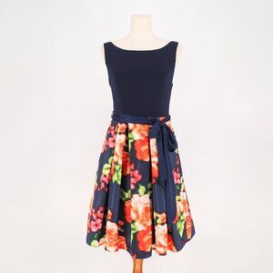 ELIZA J Fit & Flare A-Line Navy Floral Belted Sleeveless Boatneck Dress Size 6
